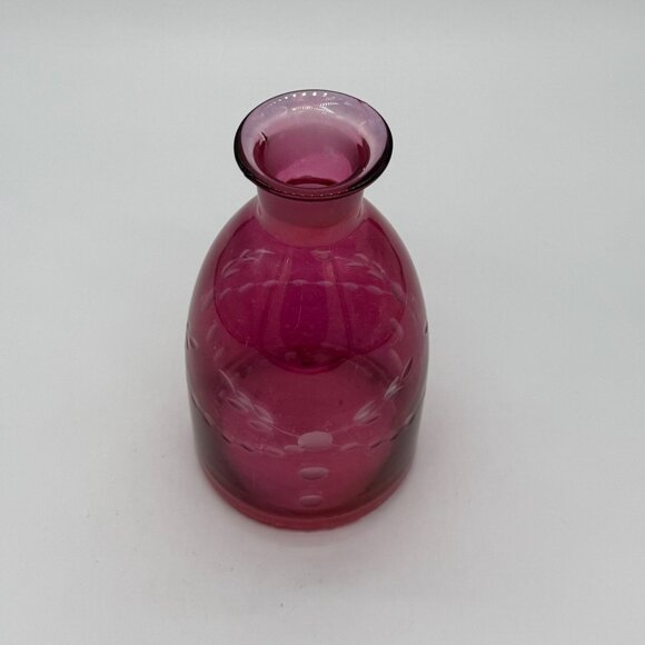Vintage Czech Etched Cranberry Glass Cut-To-Clear Vase/Decanter - Picture 2 of 8